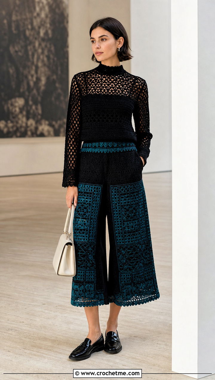 Black Crochet High Neck Top And Culottes - 20 Black Crochet Two Piece outfit ideas