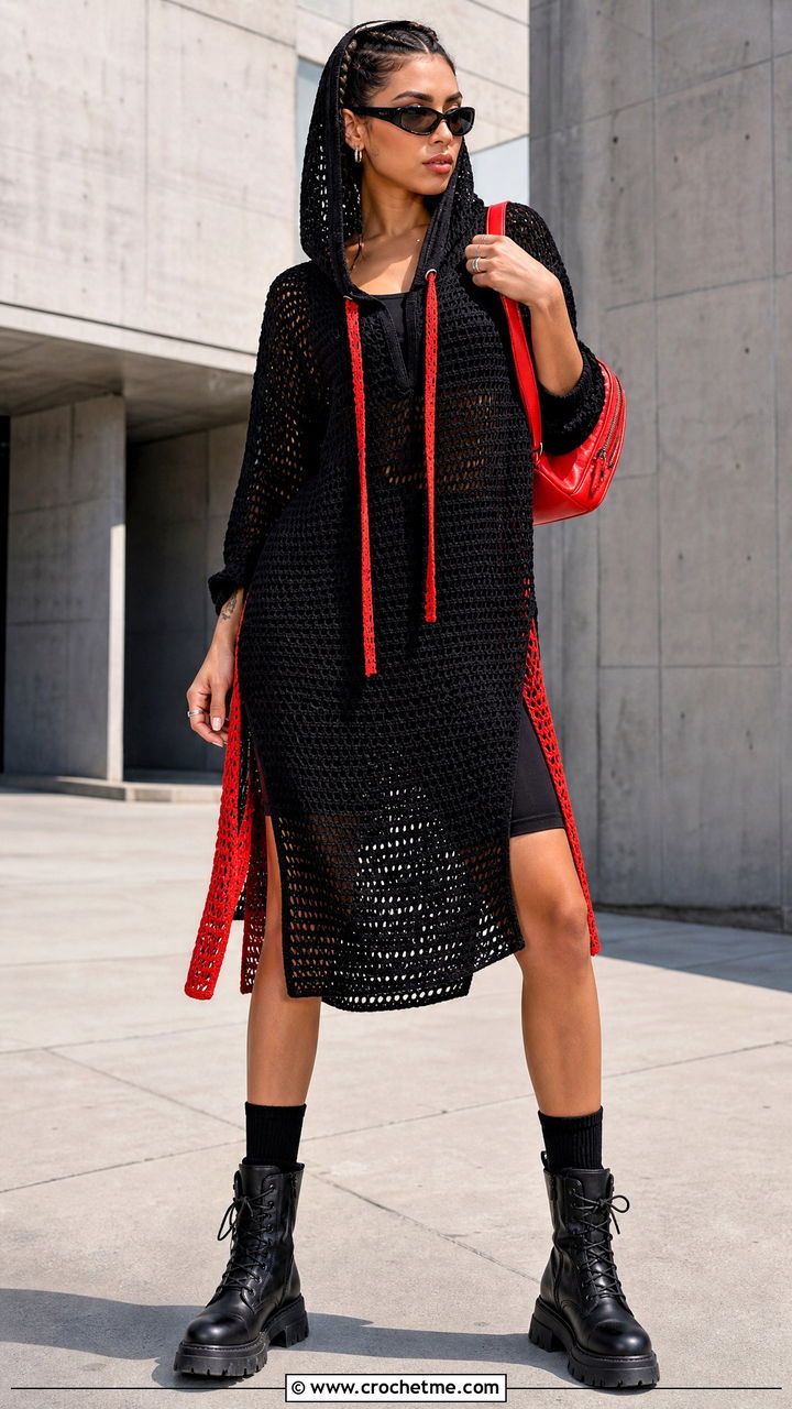 Black Crochet Hooded Dress With Combat Boots - 35 black crochet dress outfit ideas