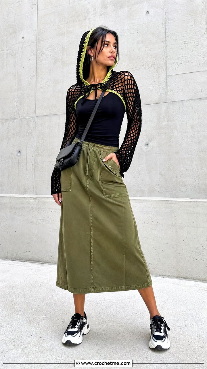 Black Crochet Hooded Mesh Top With Utility Skirt - 35 Crochet Black Top outfit ideas