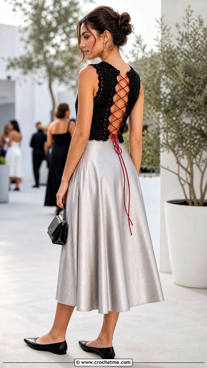 Black Crochet Lace Up Back Top With Full Midi Skirt - 35 Crochet Black Top outfit ideas