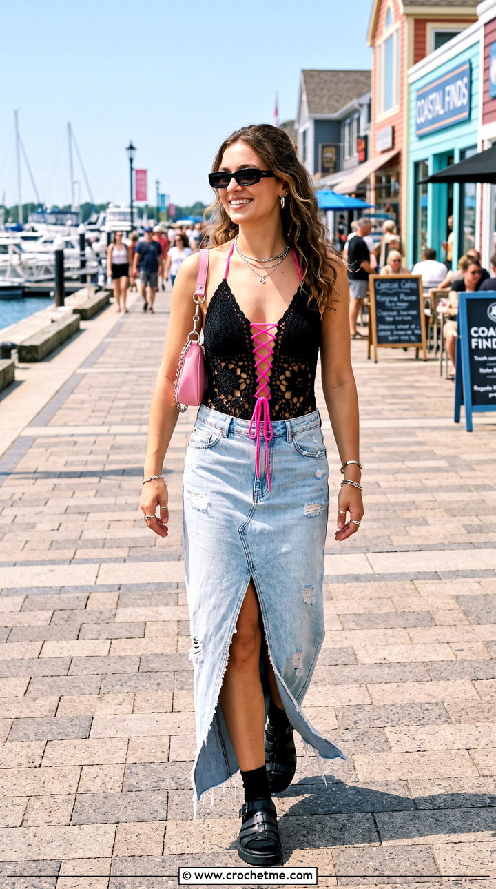Black Crochet Lace Up One Piece With Denim Maxi Skirt - 25 Black Crochet Swimsuit outfit ideas