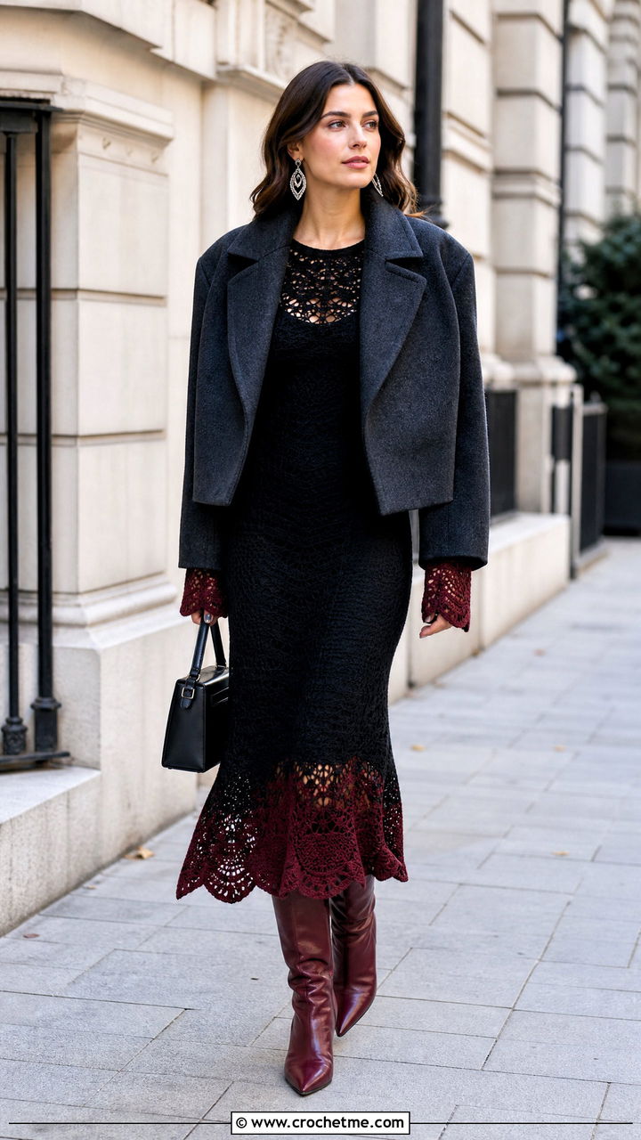 Black Crochet Long Sleeve Dress With Knee High Boots - 35 black crochet dress outfit ideas