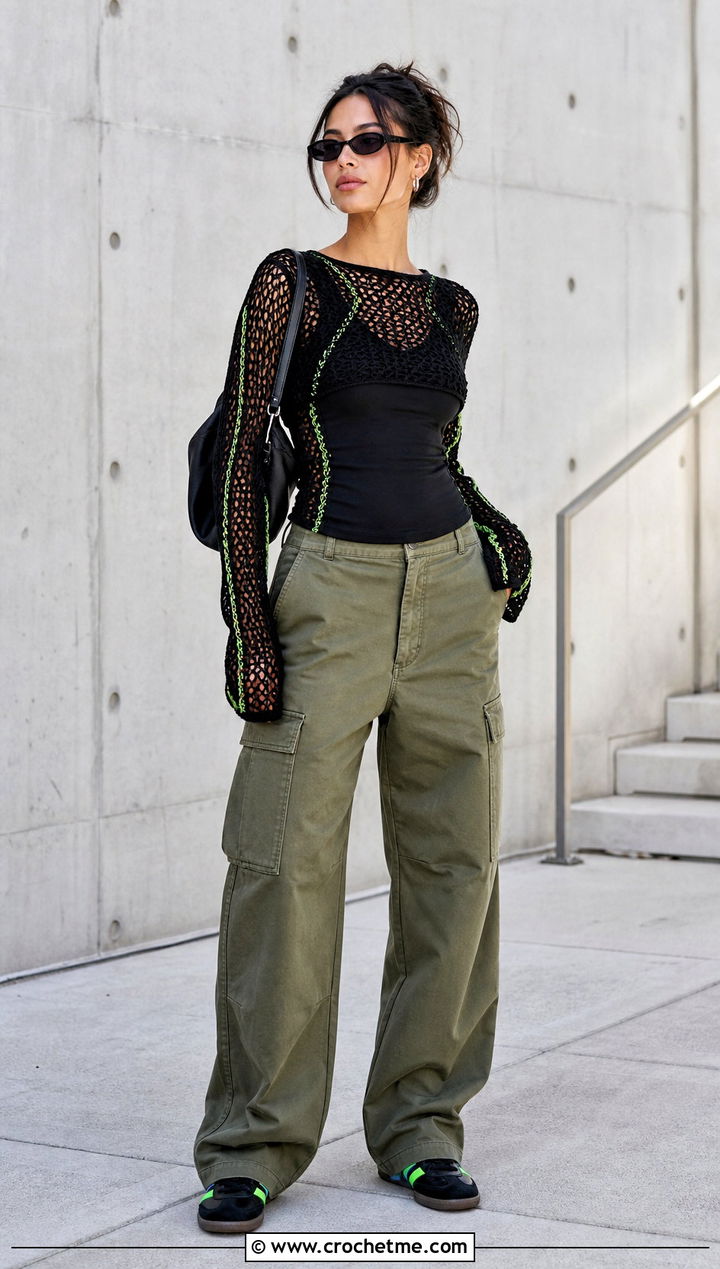 Black Crochet Mesh Top With Cargo Pants - 25 black crochet clothes and outfit ideas