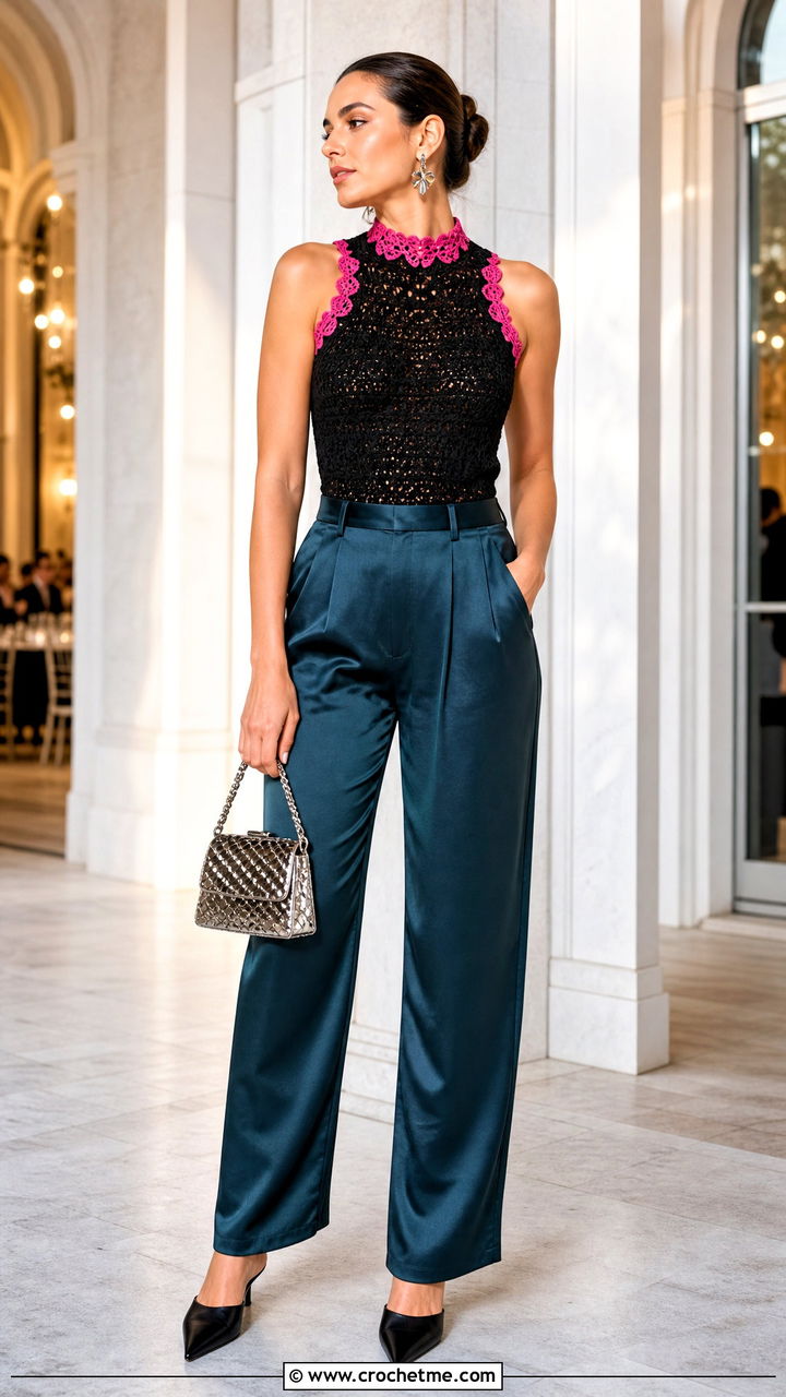 Black Crochet Mock Neck Top With Satin Trousers - 35 Crochet Black Top outfit ideas