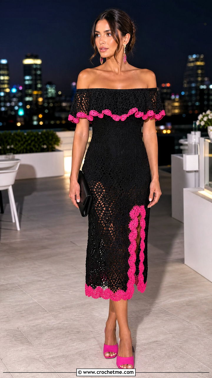 Black Crochet Off Shoulder Dress With Heeled Mules - 35 black crochet dress outfit ideas