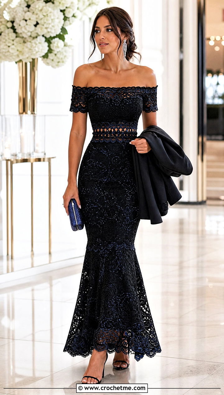 Black Crochet Off Shoulder Top And Mermaid Skirt - 20 Black Crochet Two Piece outfit ideas