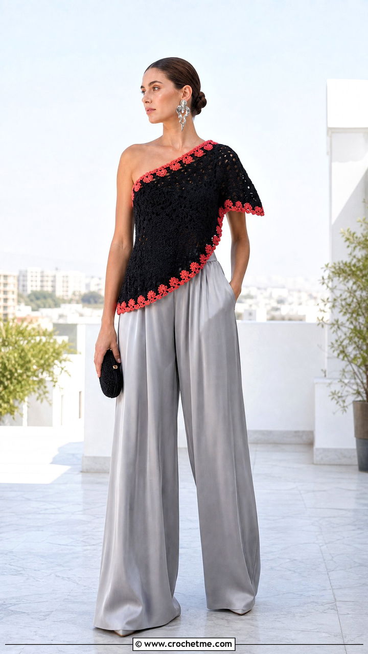 Black Crochet One Shoulder Top With Palazzo Pants - 35 Crochet Black Top outfit ideas