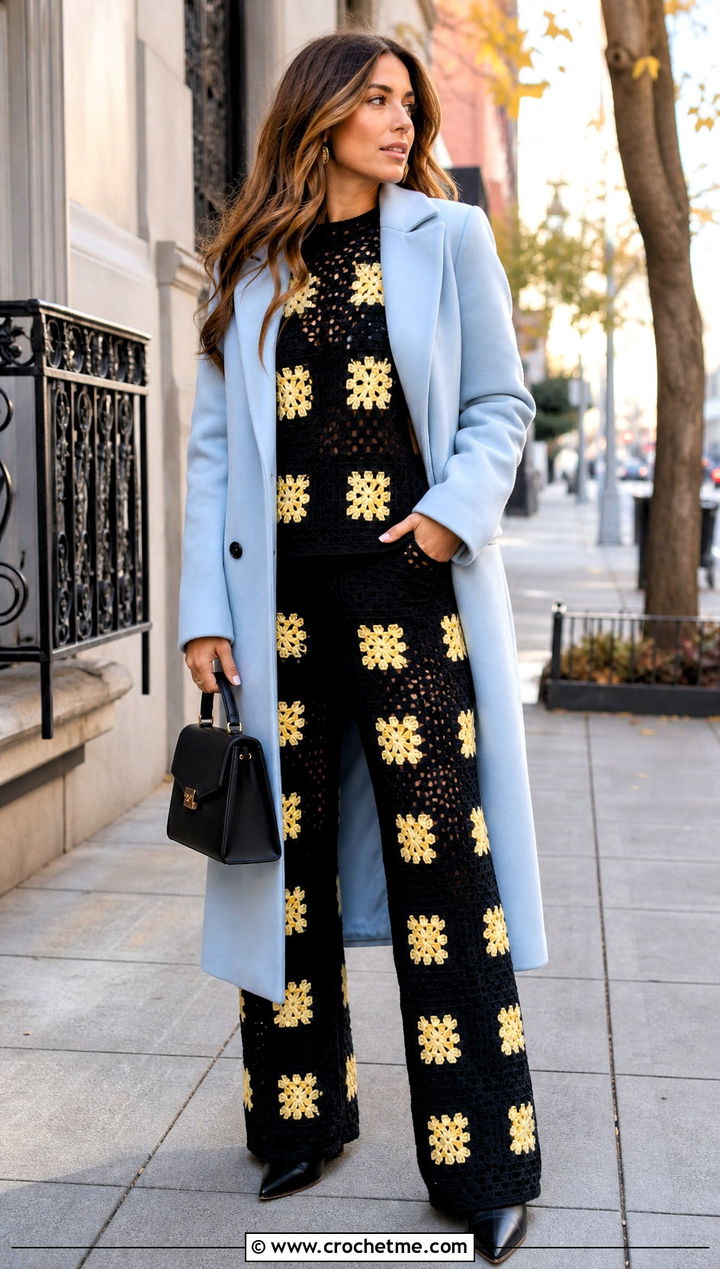 Black Crochet Pants Set With Structured Coat - 25 black crochet clothes and outfit ideas