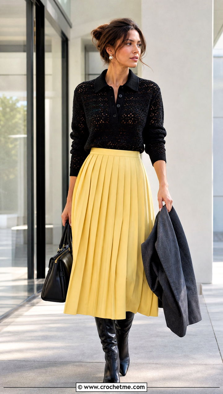 Black Crochet Polo Sweater With Pleated Midi Skirt - 15 black crochet sweater fall fashion and outfit ideas