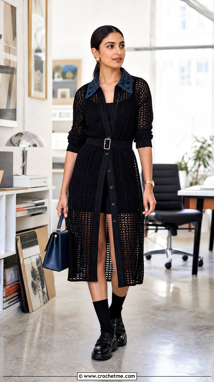 Black Crochet Shirt Dress With Loafers - 35 black crochet dress outfit ideas