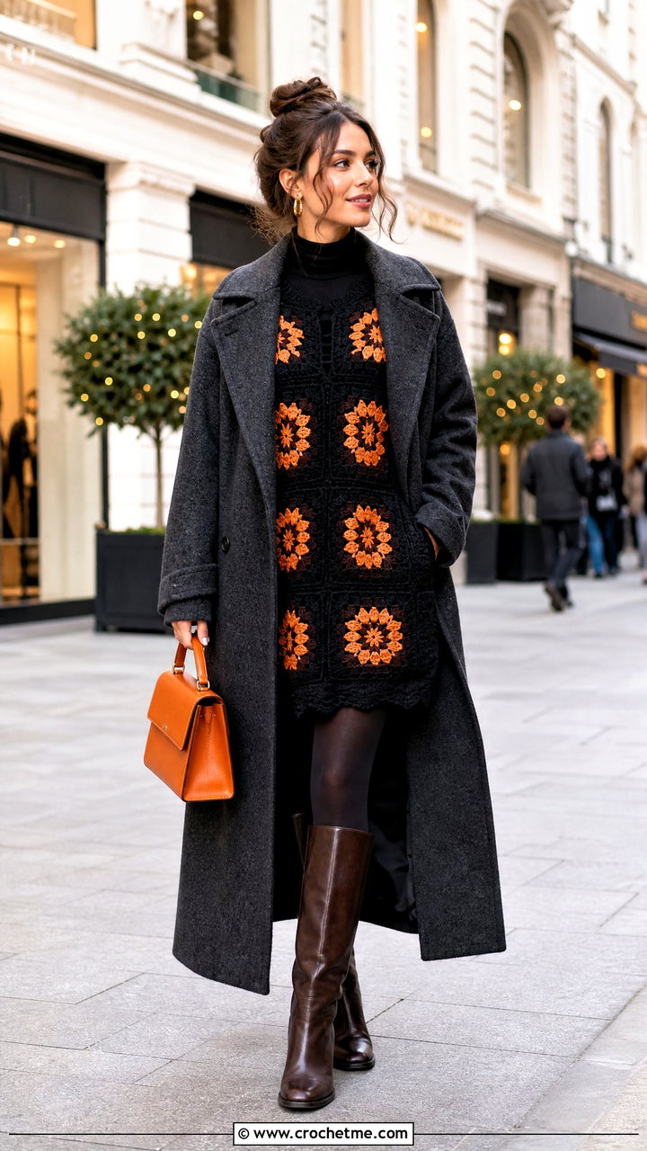 Black Crochet Sweater Dress With Tall Boots - 35 black crochet dress outfit ideas