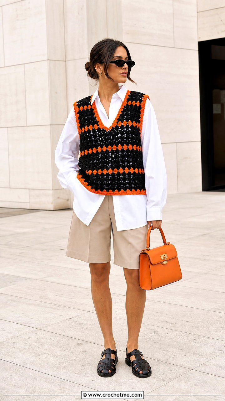 Black Crochet Sweater Vest With Button Down And Shorts - 35 black crochet sweater outfit ideas