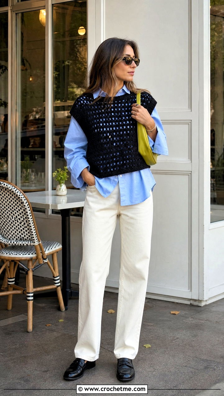 Black Crochet Sweater Vest With Poplin Shirt And Jeans - 15 black crochet sweater fall fashion and outfit ideas