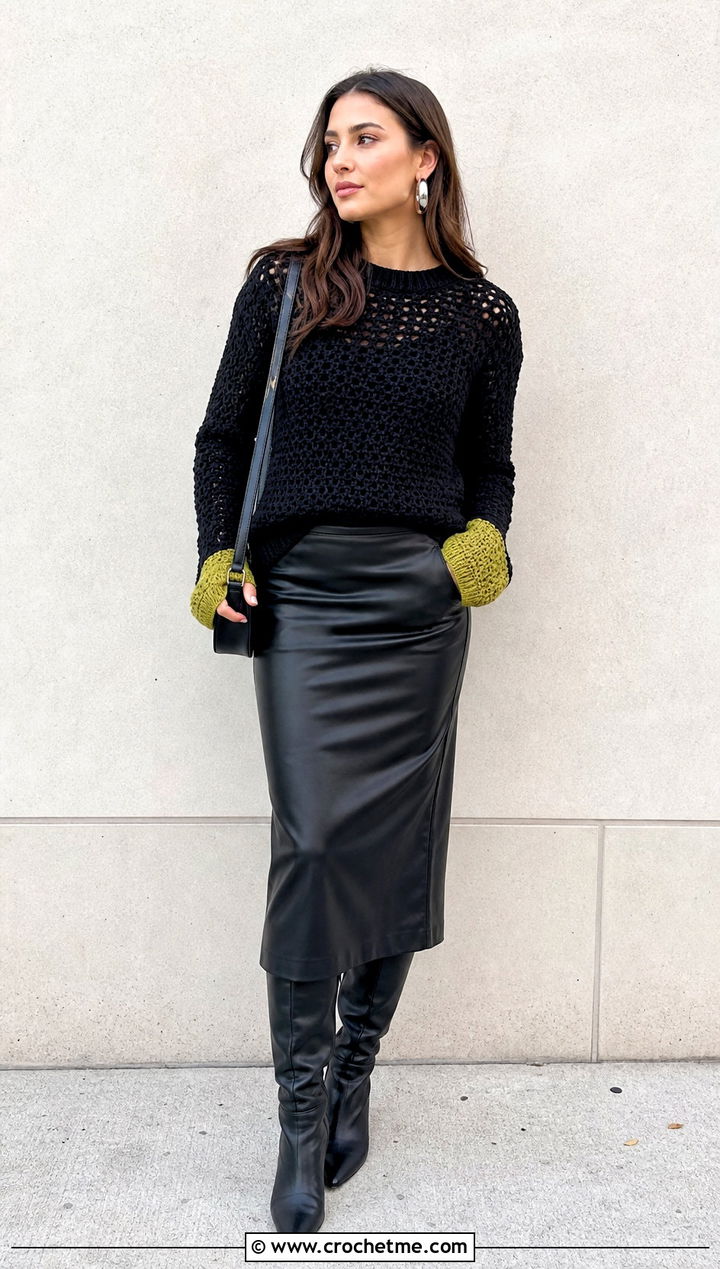Black Crochet Sweater With Leather Midi Skirt - 25 black crochet clothes and outfit ideas