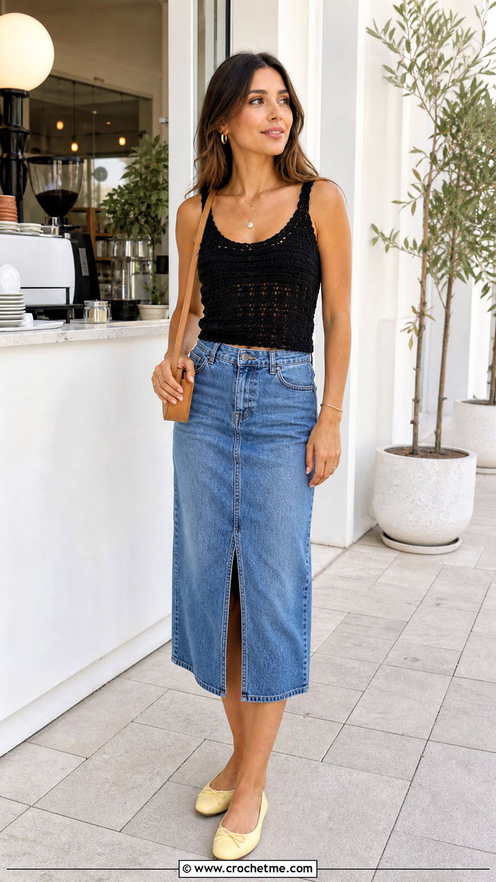 Black Crochet Tank Top With Denim Midi Skirt - 35 black crochet top outfit ideas