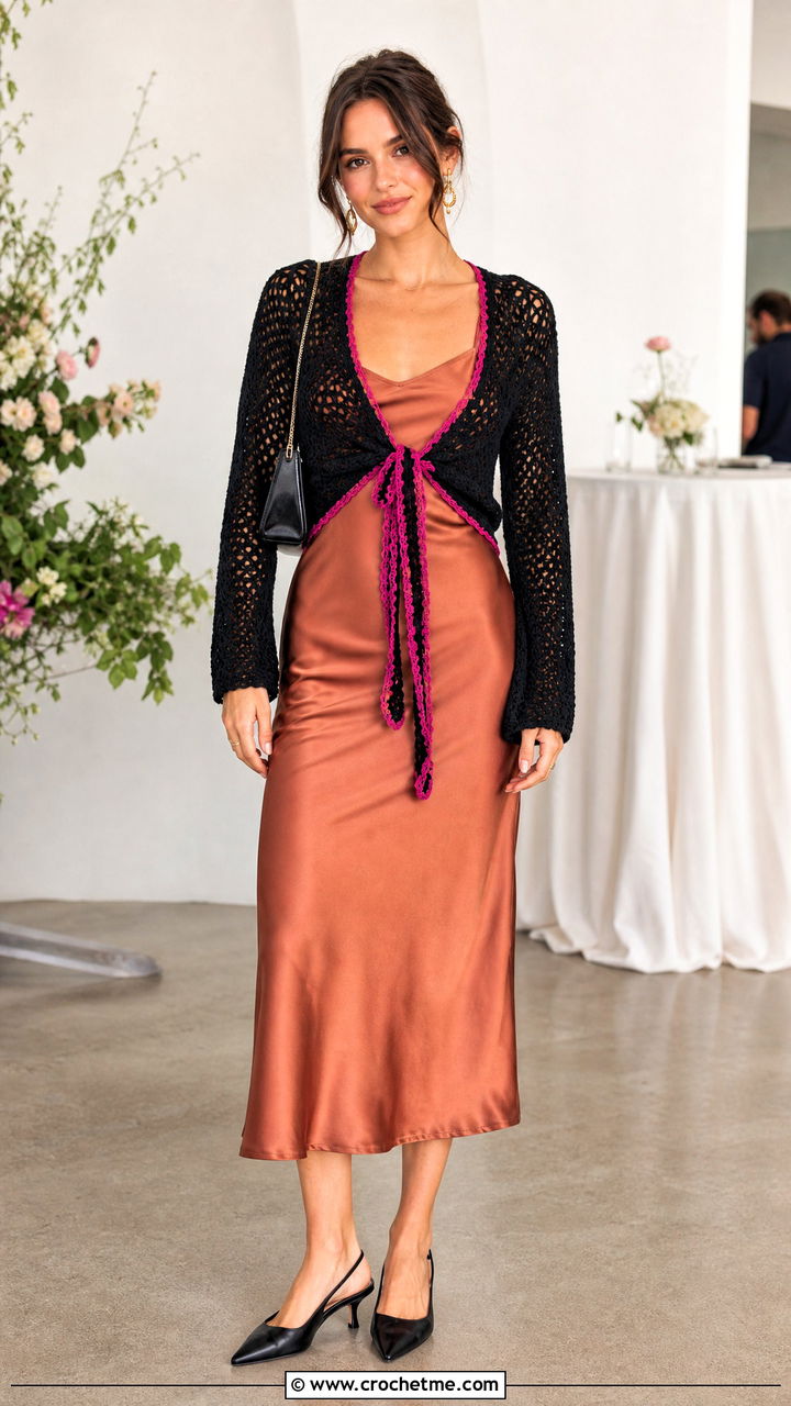 Black Crochet Tie Front Top With Slip Dress - 35 Crochet Black Top outfit ideas
