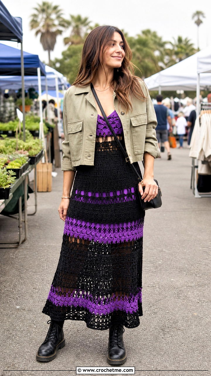 Black Crochet Tiered Dress With Utility Jacket - 35 black crochet dress outfit ideas