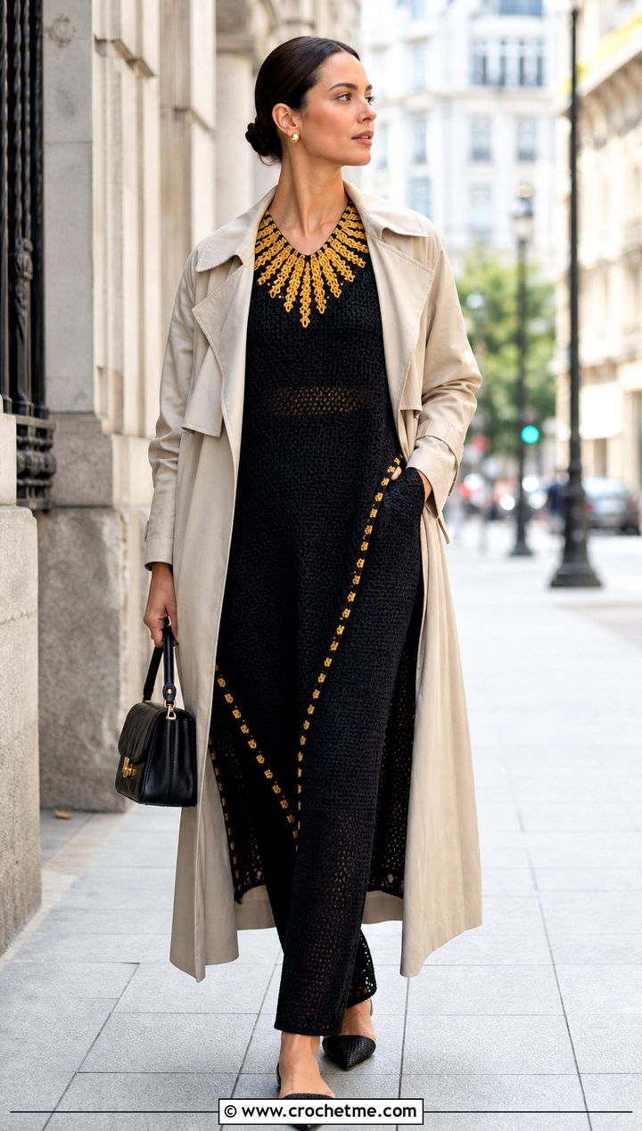 Black Crochet Tunic And Slim Pants With Trench Coat - 20 Black Crochet Two Piece outfit ideas