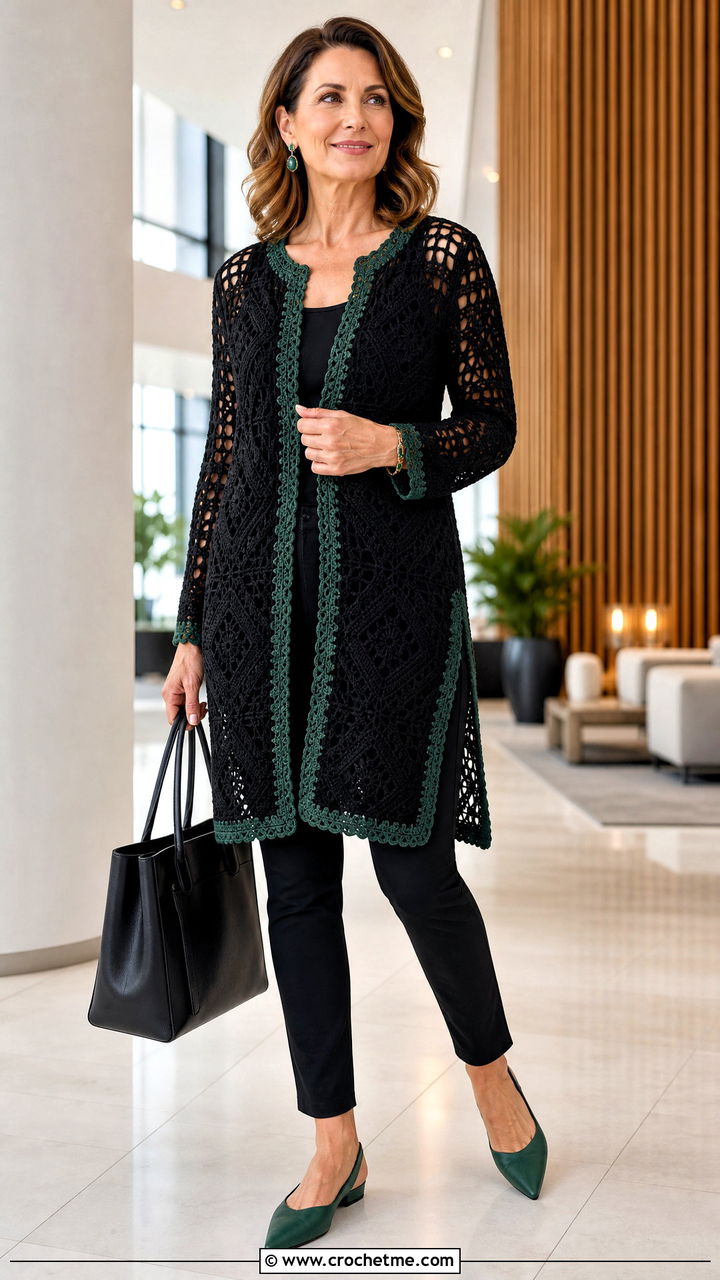 Black Crochet Tunic Sweater With Slim Pants - 35 black crochet sweater outfit ideas