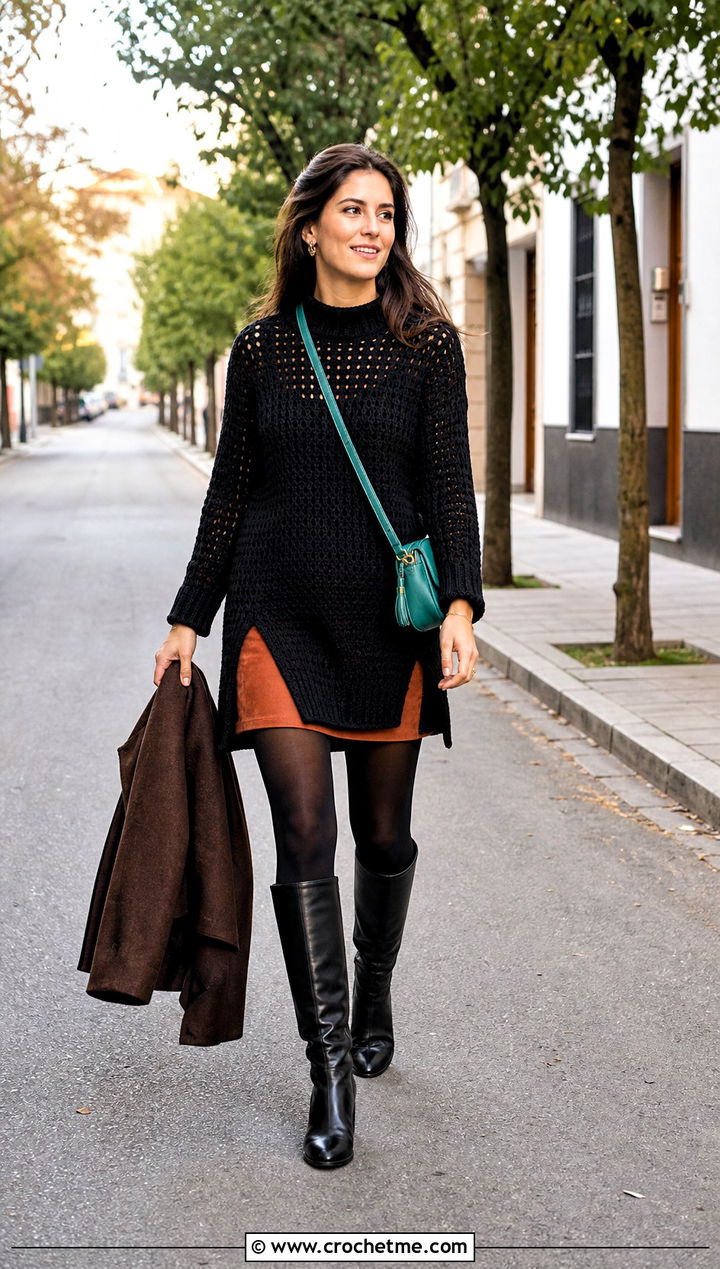 Black Crochet Tunic Sweater With Suede Mini Skirt - 15 black crochet sweater fall fashion and outfit ideas