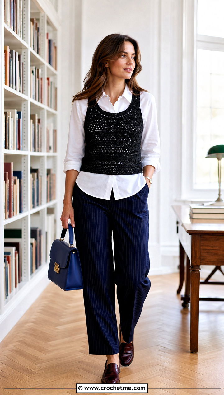 Black Crochet Vest Tank Top Over An Oxford Shirt - 30 Black Crochet Tank Top outfit ideas