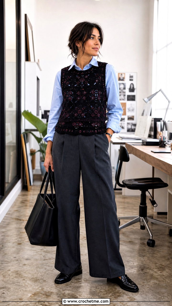 Black Crochet Vest Top With Poplin Shirt And Trousers - 35 Crochet Black Top outfit ideas