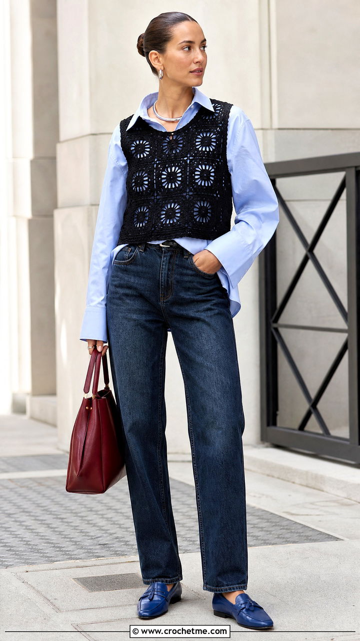 Black Crochet Vest Top With Poplin Shirt - 35 black crochet top outfit ideas