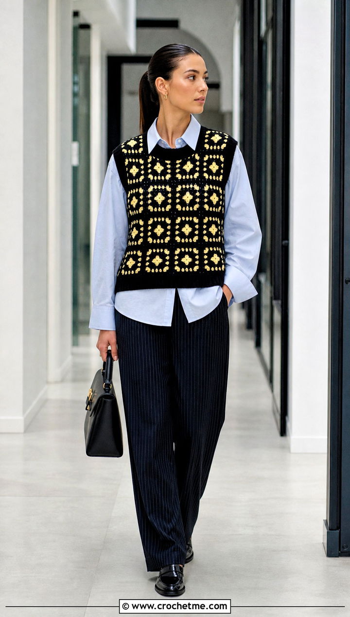 Black Crochet Vest With Poplin Shirt And Trousers - 25 black crochet clothes and outfit ideas