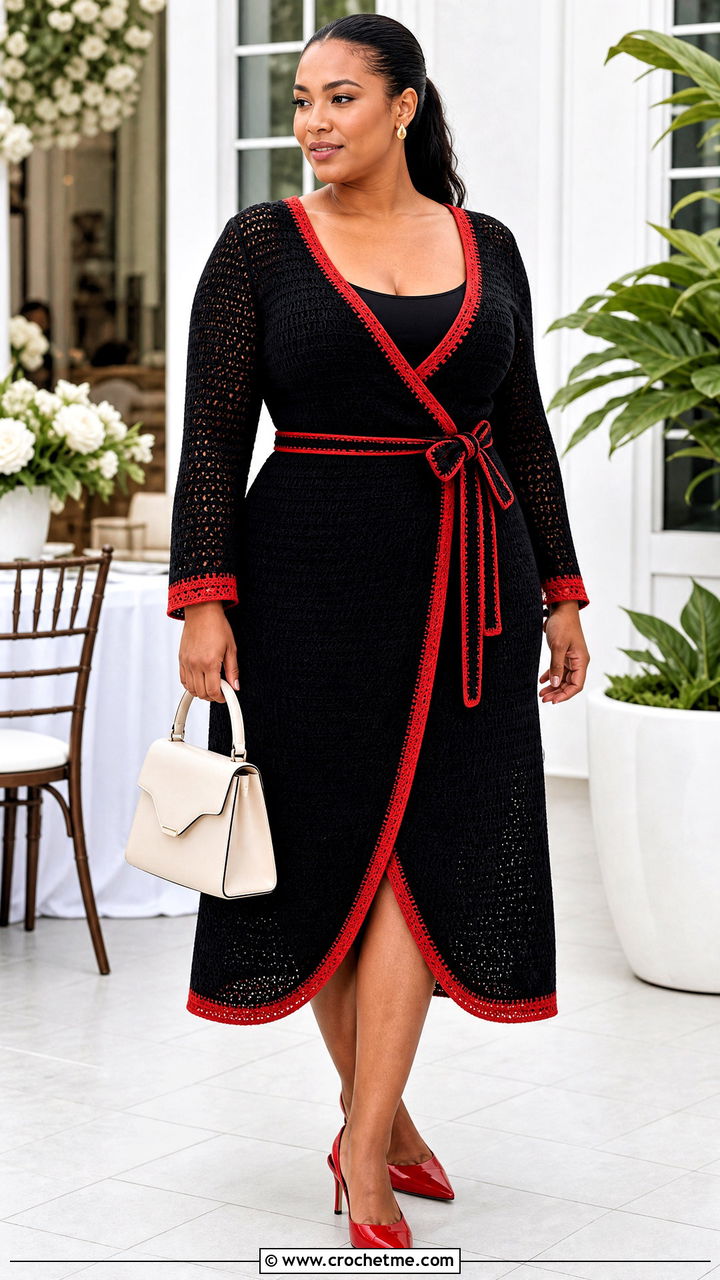 Black Crochet Wrap Dress With Slingback Pumps - 35 black crochet dress outfit ideas