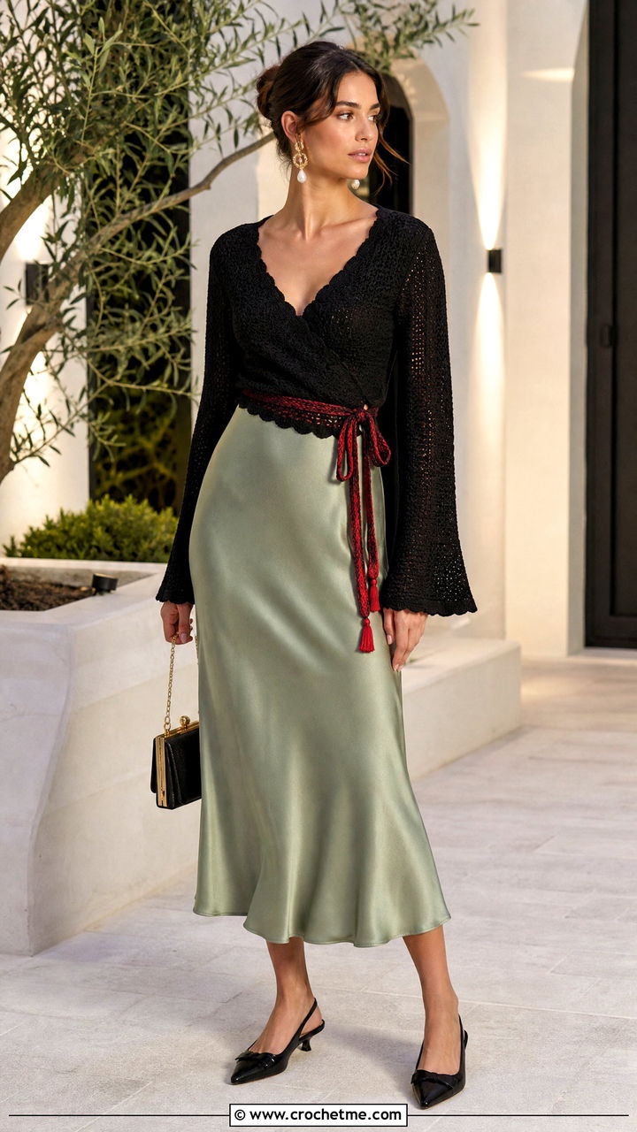 Black Crochet Wrap Top With Satin Midi Skirt - 35 Crochet Black Top outfit ideas