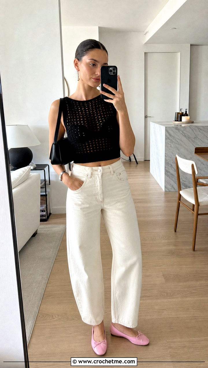 Black Cropped Crochet Tank Top With Barrel Jeans - 30 Black Crochet Tank Top outfit ideas