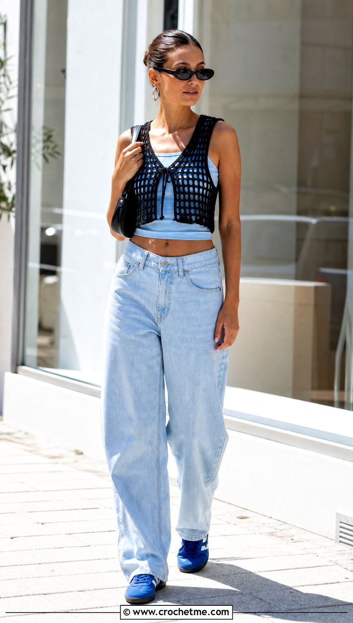Black Cropped Mesh Crochet Summer Vest With Wide Leg Jeans - 15 Black Crochet Summer Vest outfit ideas