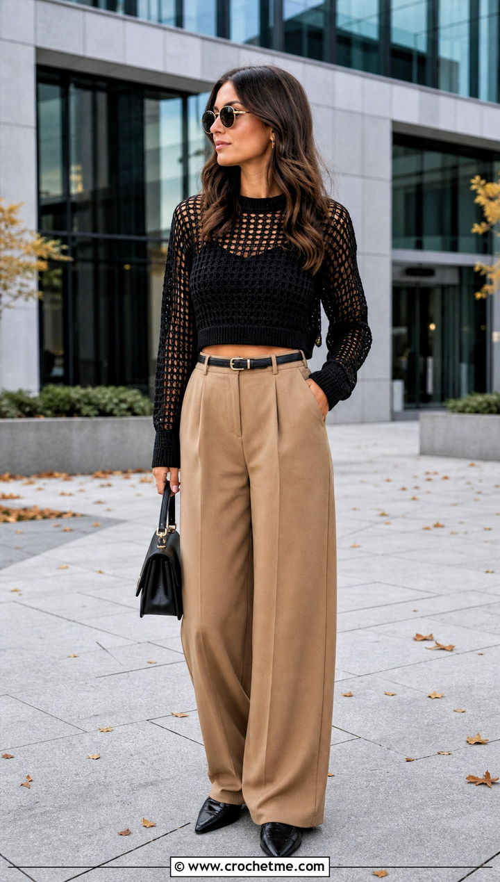 Black Cropped Mesh Crochet Sweater With Wide Leg Trousers - 15 black crochet sweater fall fashion and outfit ideas