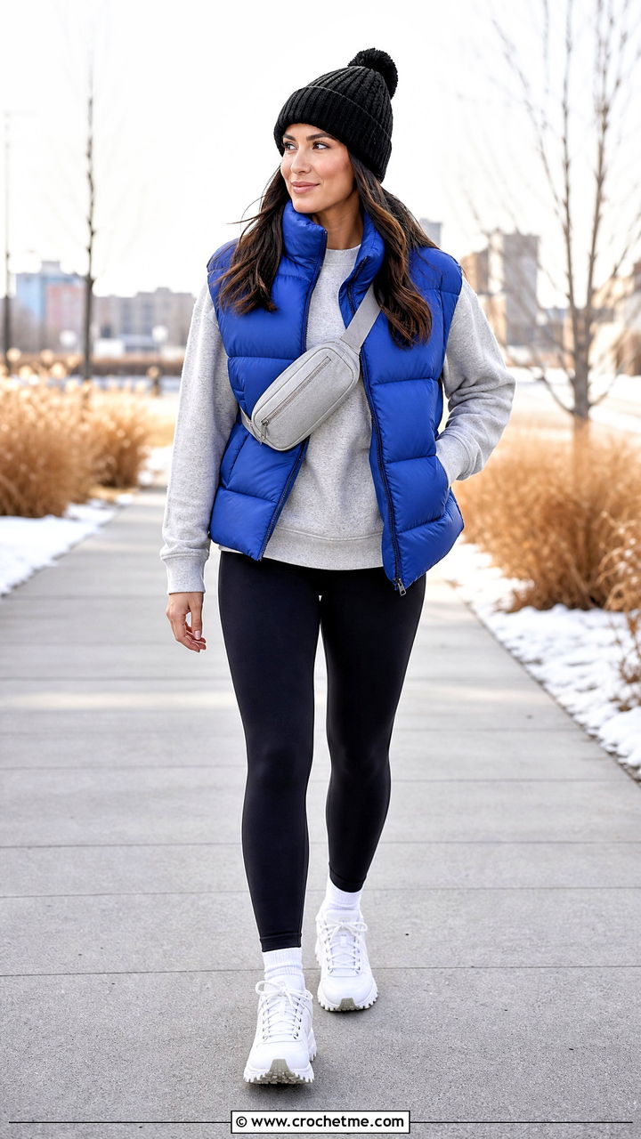 Black Cuffed Crochet Beanie With Puffer Vest - 35 Black Crochet Hat outfit ideas