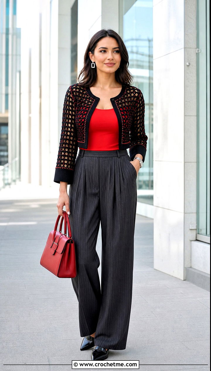 Black Cuffed Sleeve Crochet Bolero With Pinstripe Pants - 25 black crochet bolero outfit ideas