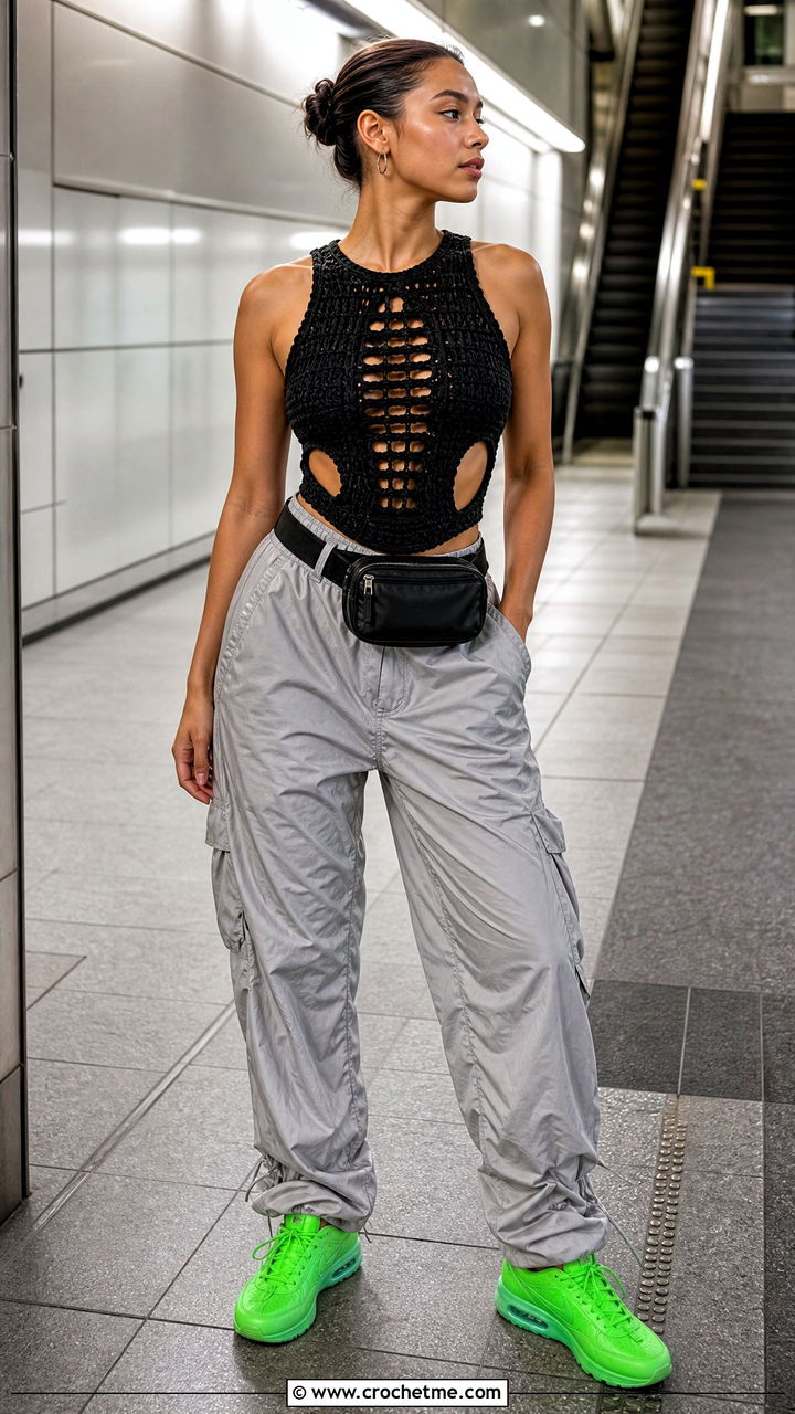 Black Cutout Crochet Top With Parachute Pants - 35 black crochet top outfit ideas