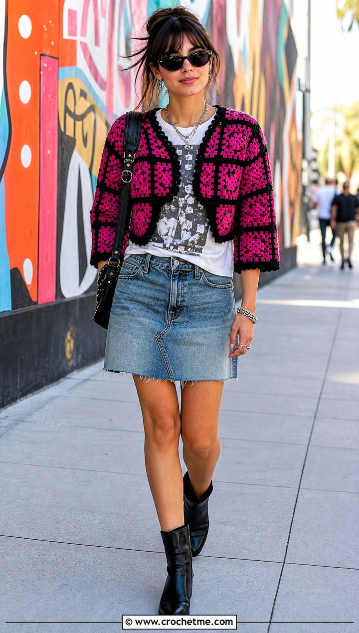 Black Edged Granny Square Bolero With Graphic Tee And Denim Skirt - 35 granny square bolero outfit ideas