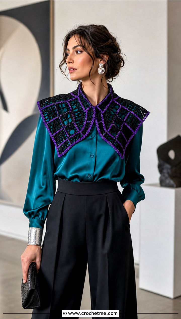 Black Filet Crochet Collar With Satin Blouse And Wide Leg Pants - 15 Black Crocheted Lace Collar outfit ideas