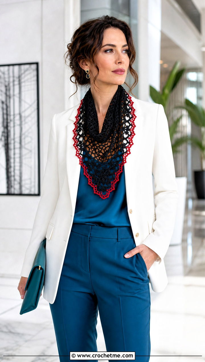 Black Filet Crochet Scarf With Pantsuit And Pointed Flats - 15 Handmade Black Crochet Scarf outfit ideas
