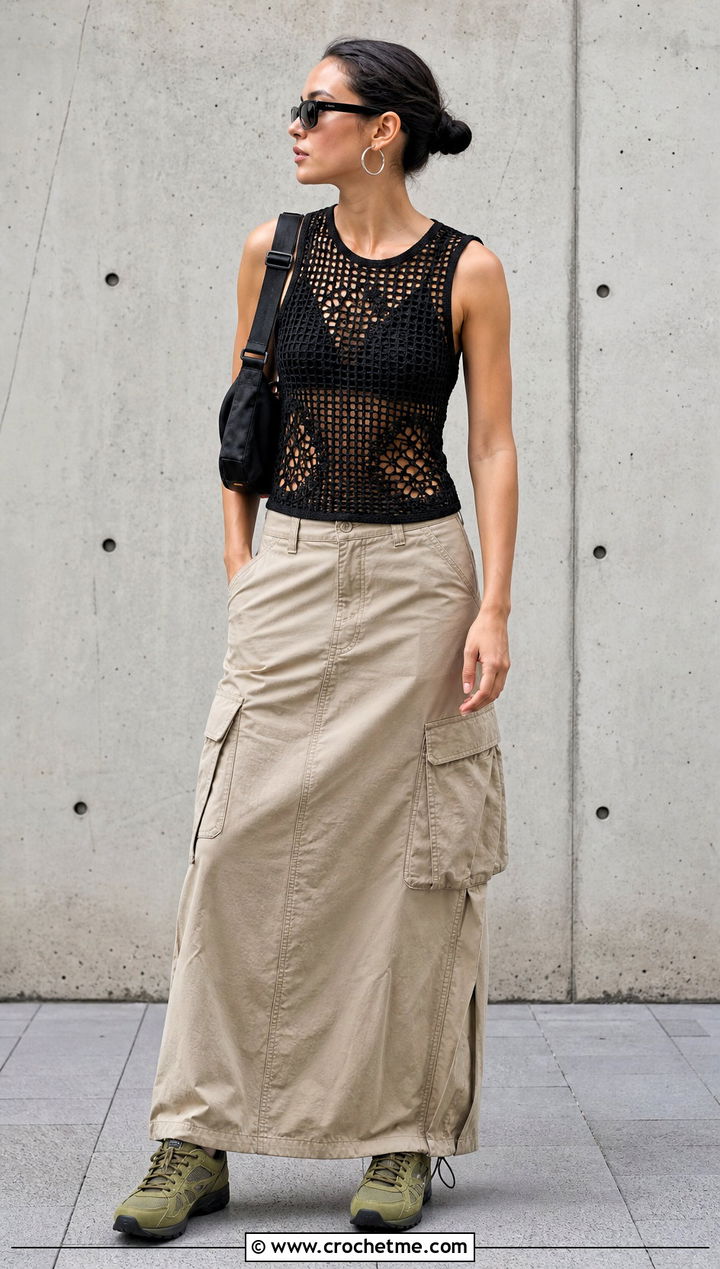 Black Filet Crochet Tank Top With Cargo Maxi Skirt - 30 Black Crochet Tank Top outfit ideas