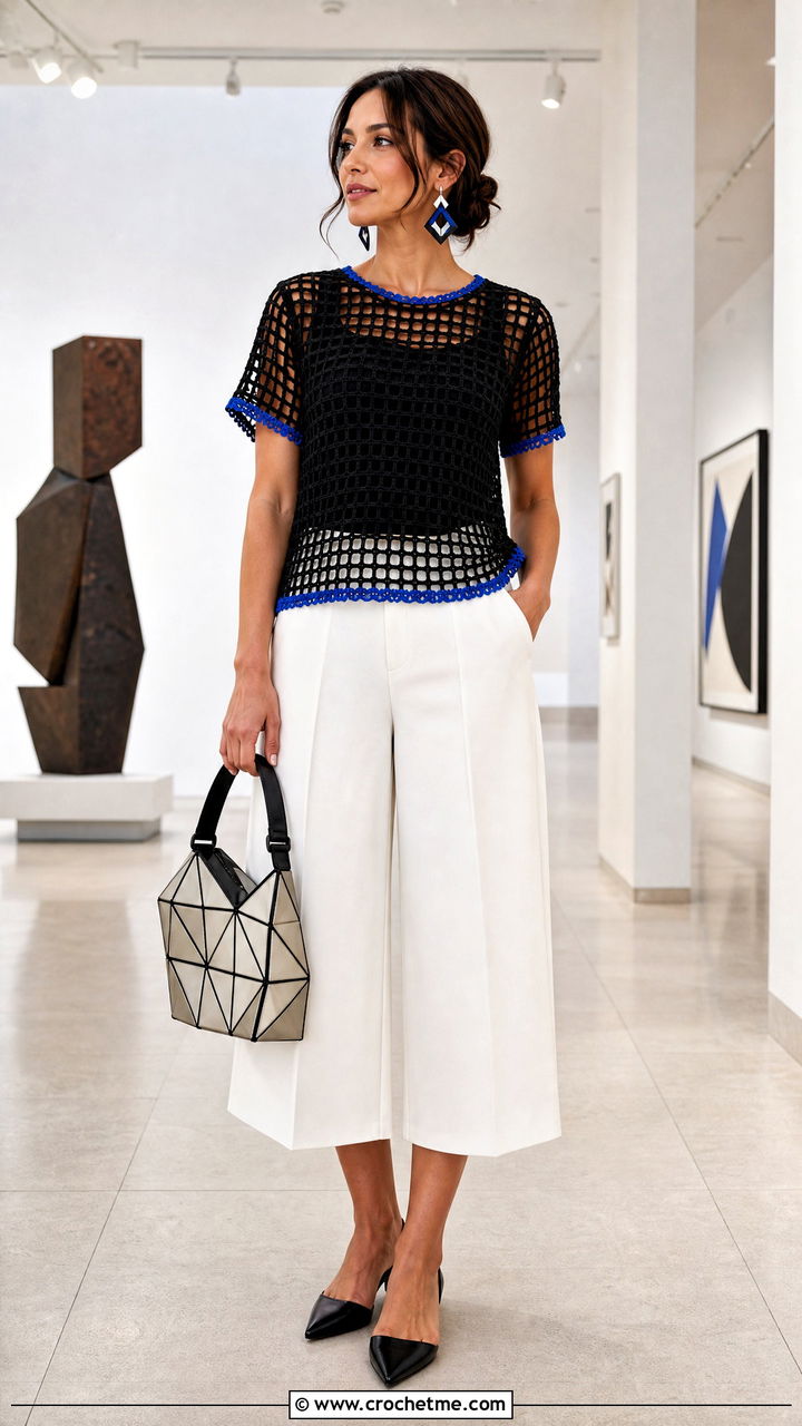 Black Filet Crochet Top With Culottes - 35 Crochet Black Top outfit ideas