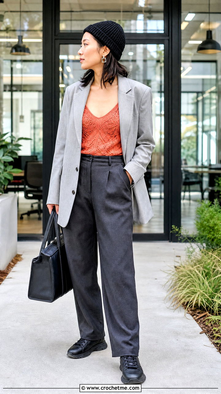Black Fisherman Crochet Beanie With Blazer - 35 Black Crochet Hat outfit ideas