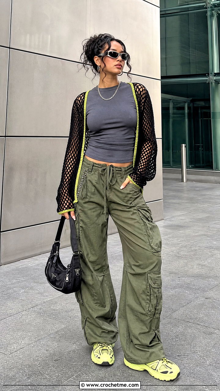 Black Fishnet Crochet Shrug With Cargo Pants - 35 black crochet shrug outfit ideas