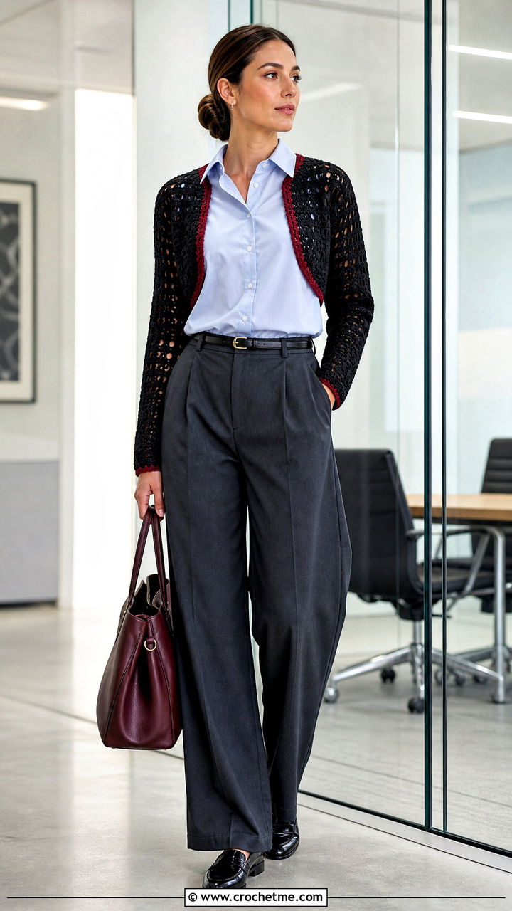 Black Fitted Sleeve Crochet Shrug With Wide Leg Trousers - 35 black crochet shrug outfit ideas