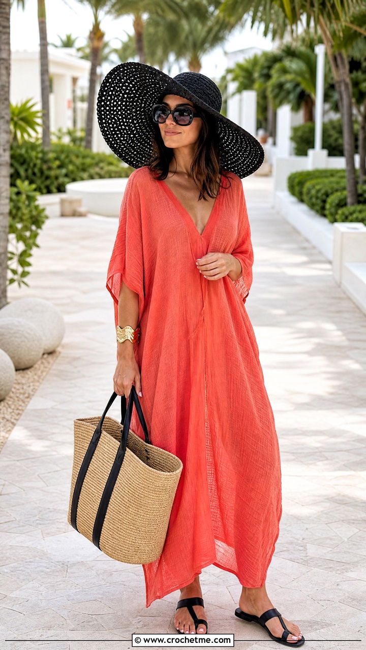 Black Floppy Crochet Sun Hat With Kaftan - 35 Black Crochet Hat outfit ideas