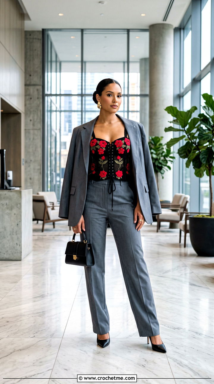 Black Floral Crochet Corset Top With Oversized Suit - 15 black crochet top with flowers outfit ideas