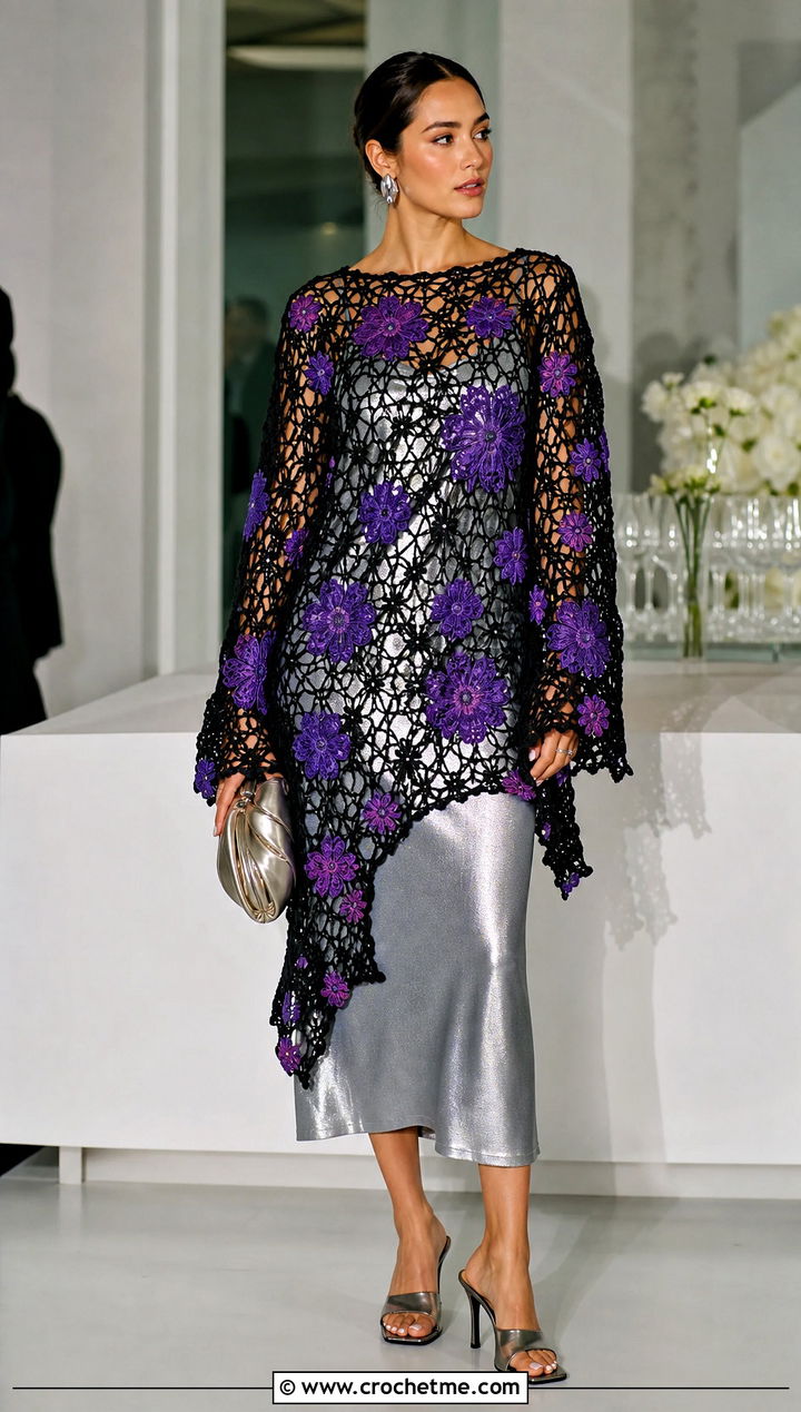 Black Floral Crochet Tunic Top Over Slip Dress - 15 black crochet top with flowers outfit ideas