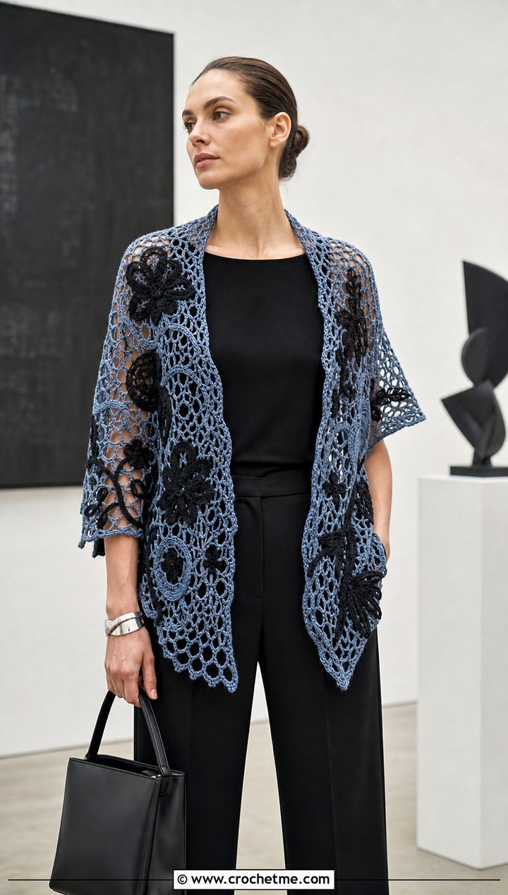 Black Floral Irish Crochet Shawl With Minimalist Outfit - 20 Irish Crochet Shawl outfit ideas
