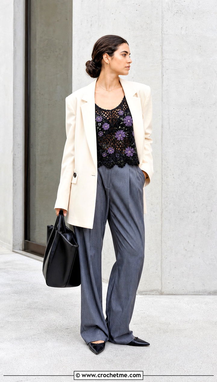 Black Floral Lace Crochet Tank With Tailored Trousers - 15 black crochet top with flowers outfit ideas