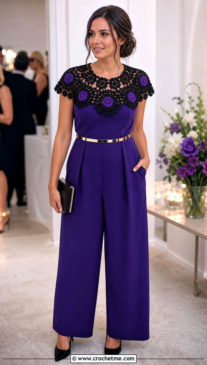 Black Floral Medallion Crochet Collar With Jumpsuit - 15 Black Crocheted Lace Collar outfit ideas